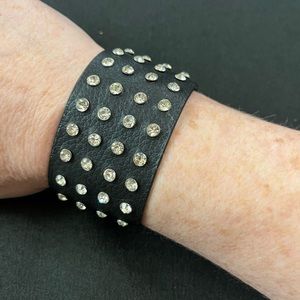 Black Faux Leather and Rhinestone Cuff Bracelet